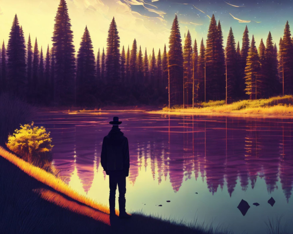Figure by tranquil lake at sunset with evergreens and golden path