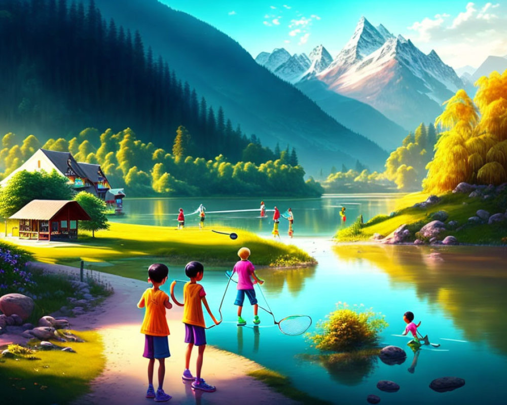 Children playing by serene lake with mountains, cottage, and verdant scenery under blue sky