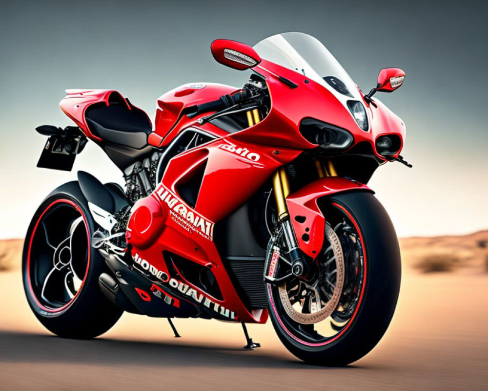 Red Ducati sports motorcycle with white and black accents parked on sandy background