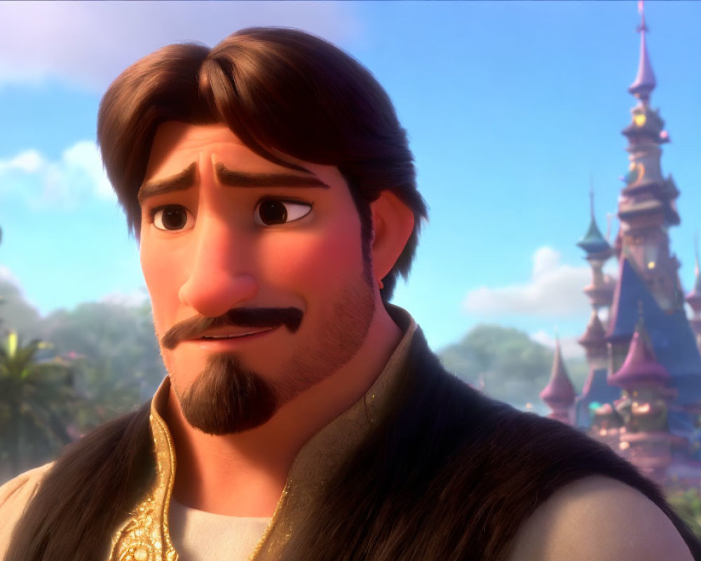Goateed male character in front of castle on sunny day