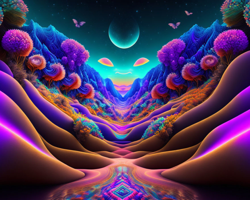 Colorful Psychedelic Landscape with Fractal Trees and Alien Plants