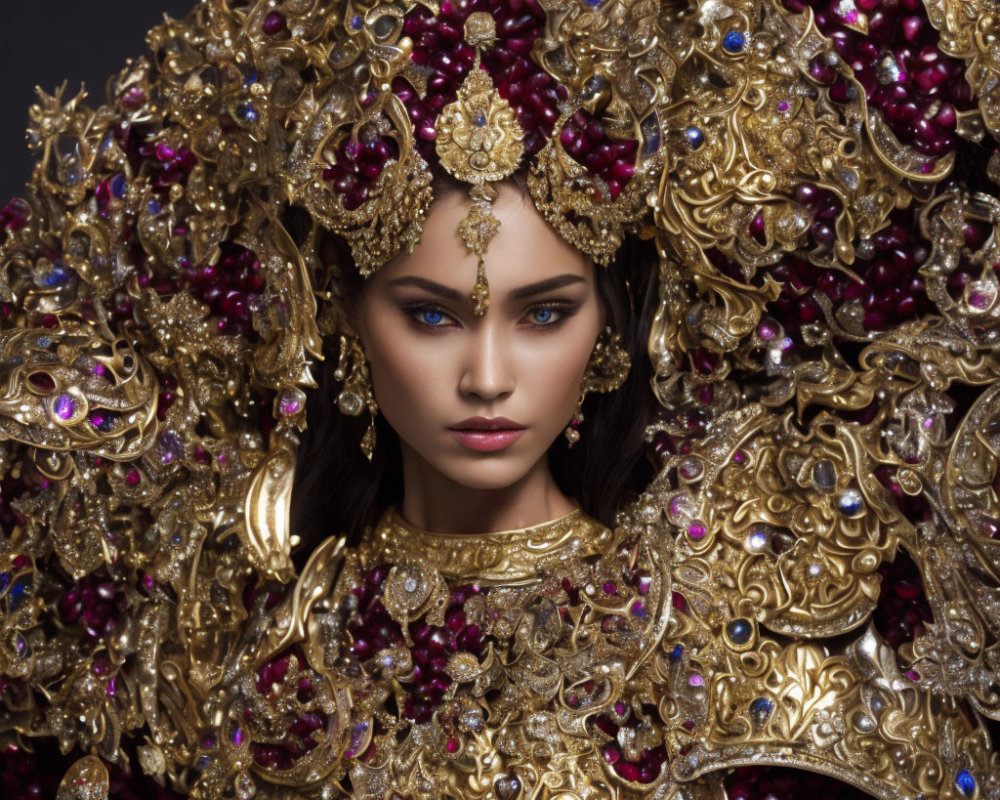 Luxurious Golden Headdress with Red Gems and Blue Stones