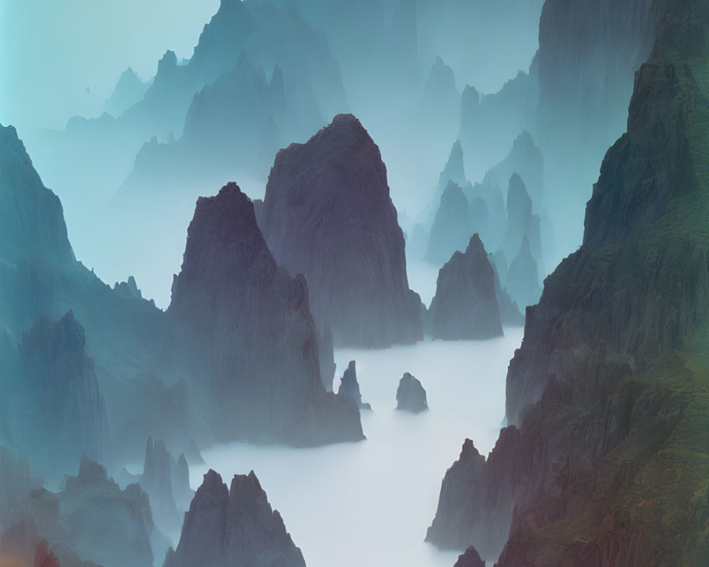Misty Mountain Landscape with Blue Sky and Gradient Colors