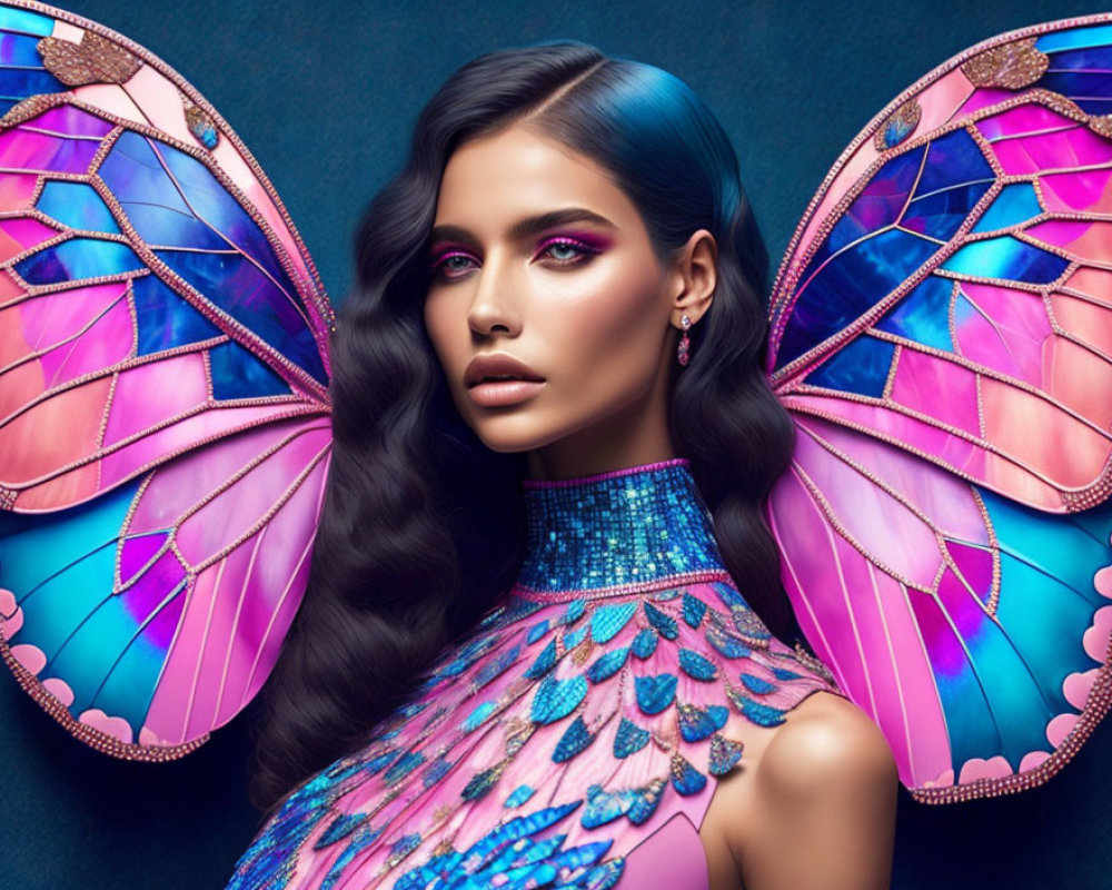 Colorful woman with butterfly wings, blue hair, sequined butterfly outfit