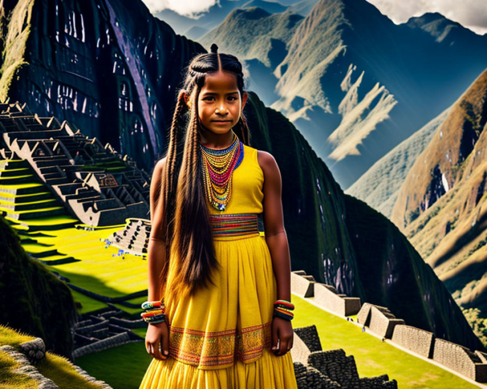 Young girl in traditional attire at Machu Picchu terraces with green mountains and dramatic sky