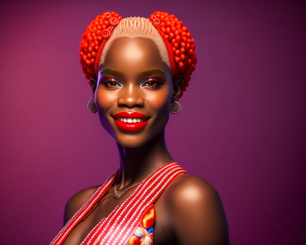 Vibrant woman with coral braided hair and striking makeup on purple background