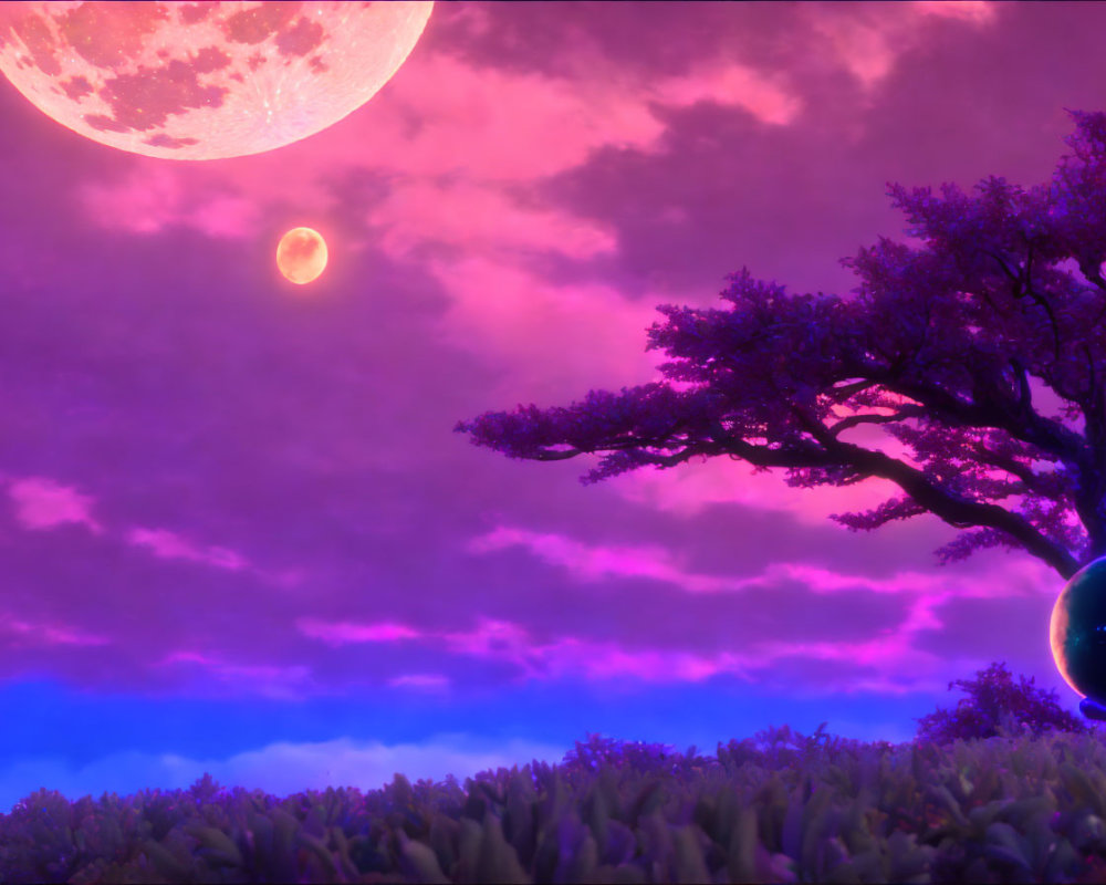 Colorful digital artwork: large moon, small luminescent object, solitary tree, vivid purple &