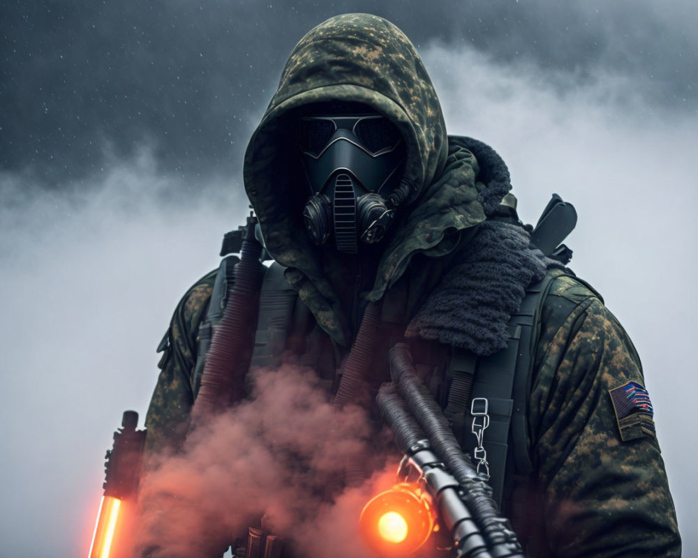 Person in tactical gear with hood, mask, goggles emitting vapor in misty gray setting