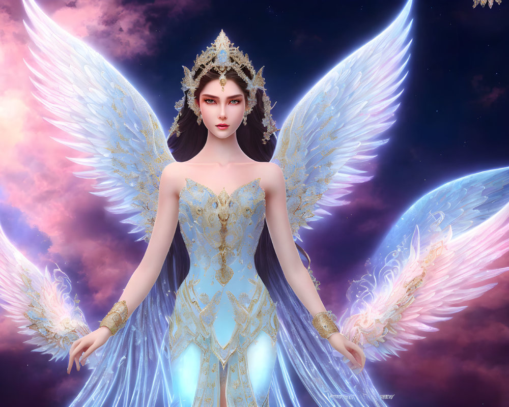 Colorful angelic figure with crown and cosmic backdrop.