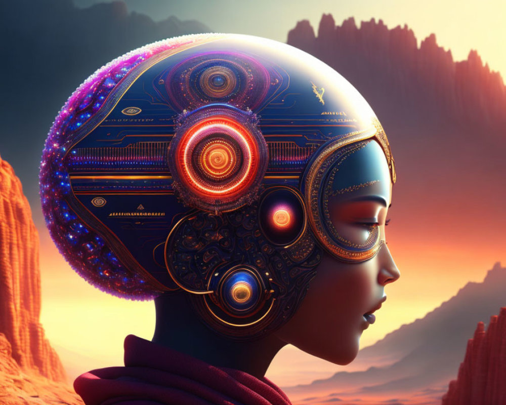 Futuristic female figure with mechanical headpiece in mountain sunrise landscape