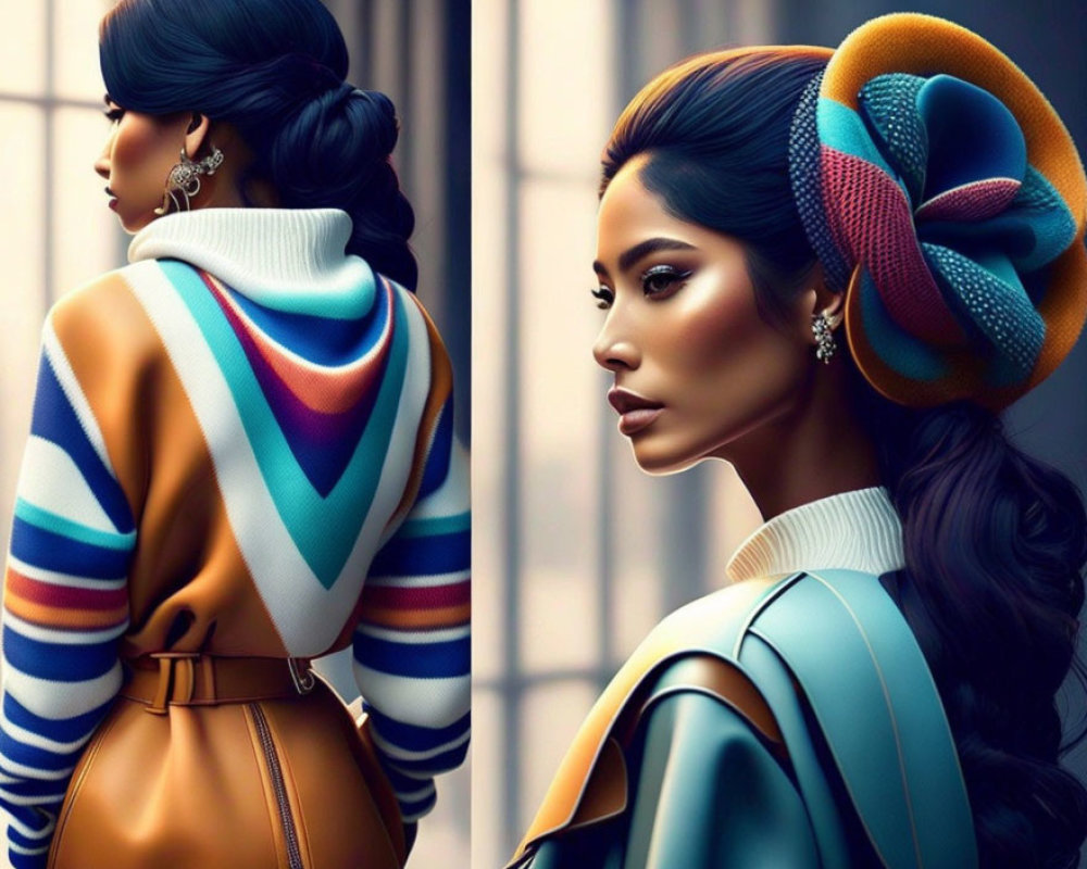 Colorful Headband Woman in Striped Sweater with Cityscape Background