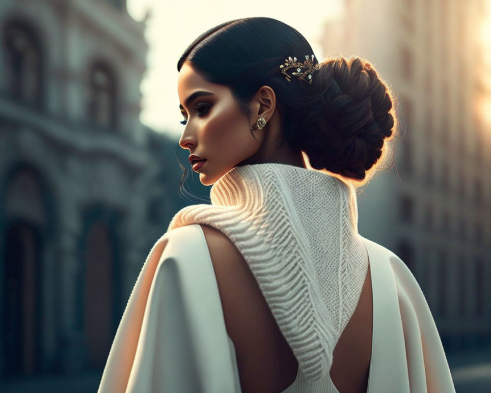 Elegant woman in white outfit with updo and hair accessories against city backdrop