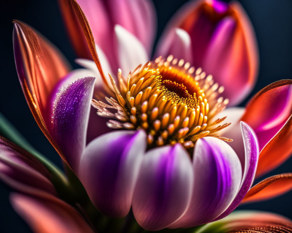 Detailed Close-Up: Vibrant Purple and Orange Flower with Golden Center on Dark Background