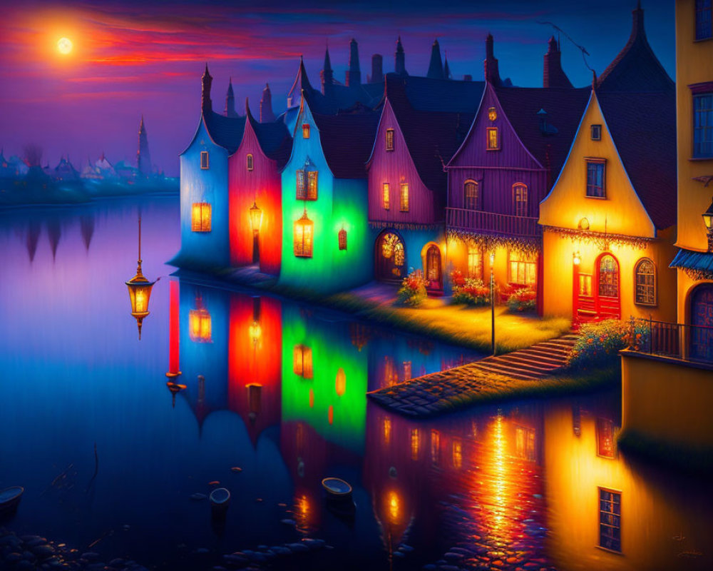 Vibrant houses and moonlit sky reflected in calm waters
