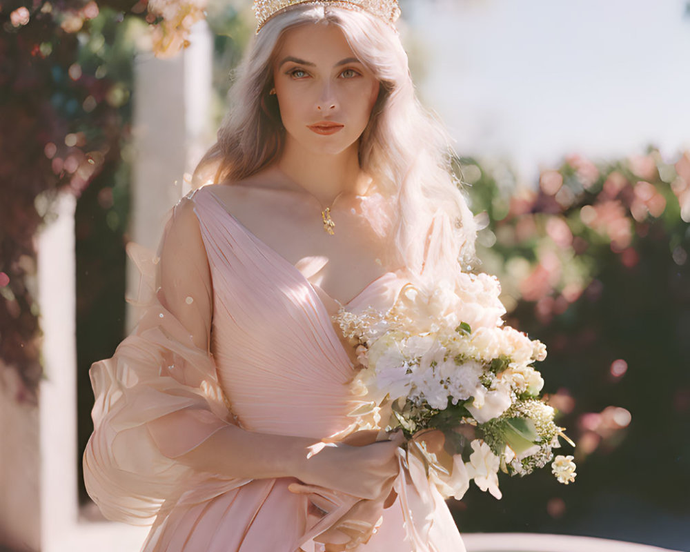 Woman in Pink Gown with Tiara and Bouquet Against Floral Backdrop