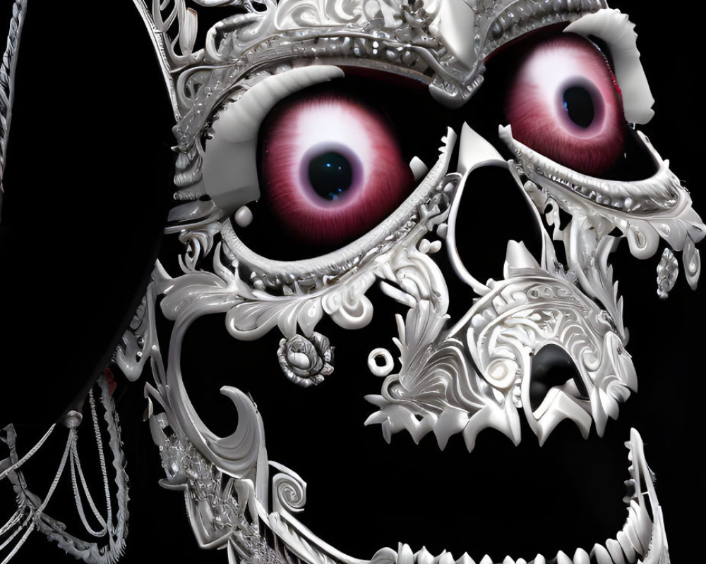 Silver Skull with Ornate Patterns and Red-Pink Eyes on Black Background