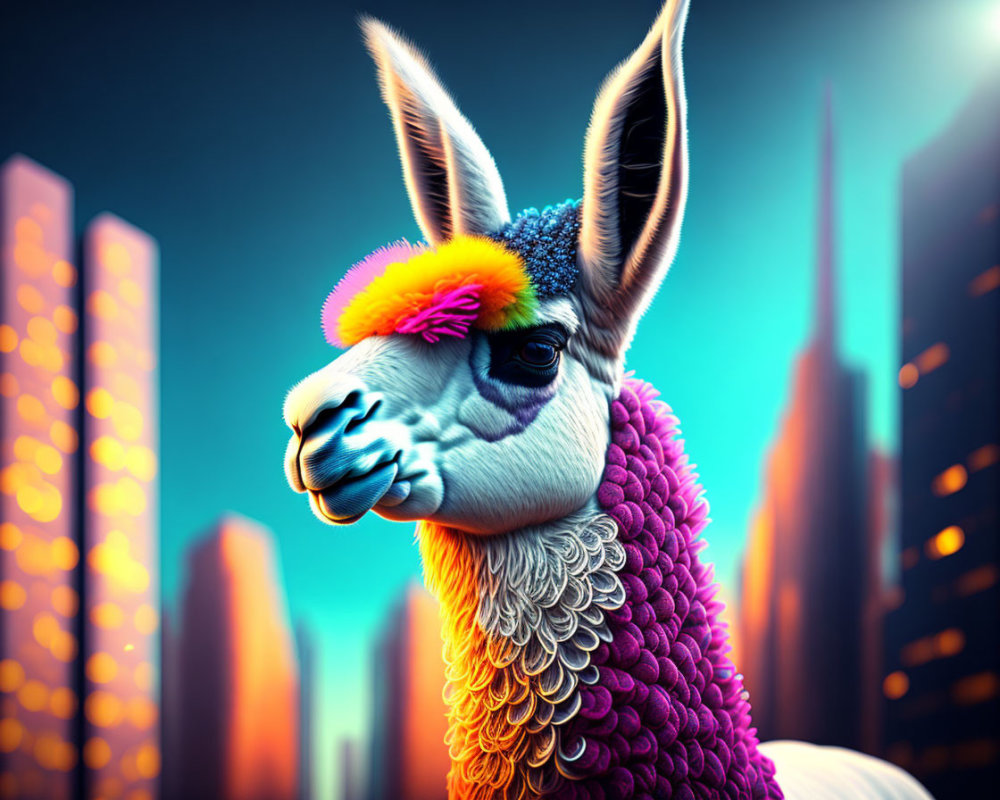 Colorful llama digital art against neon-lit cityscape