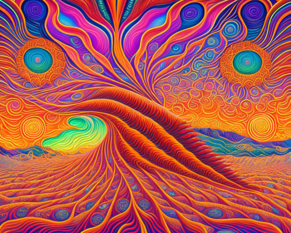 Colorful Psychedelic Swirls with Tree Motif in Vibrant Patterns