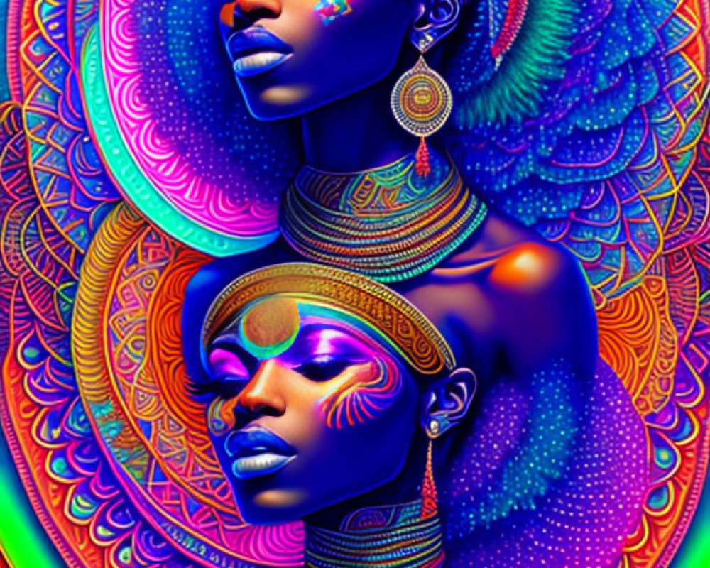 Colorful Psychedelic Illustration of Two Women in African-Inspired Attire