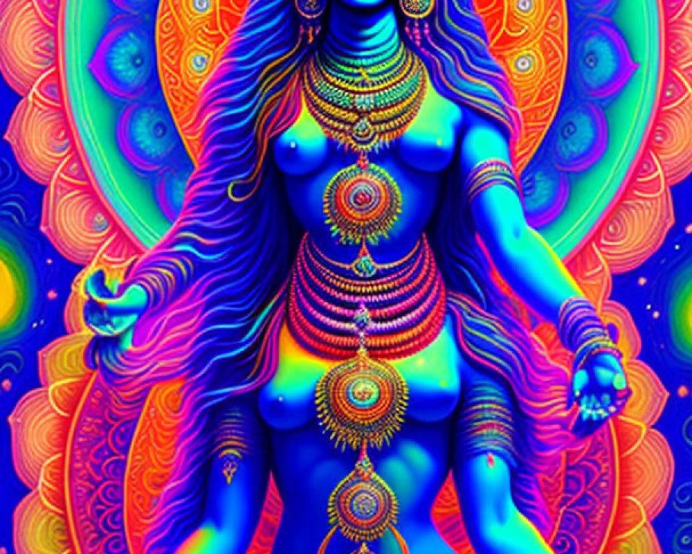 Colorful multi-armed figure in meditation with chakra symbols and intricate patterns