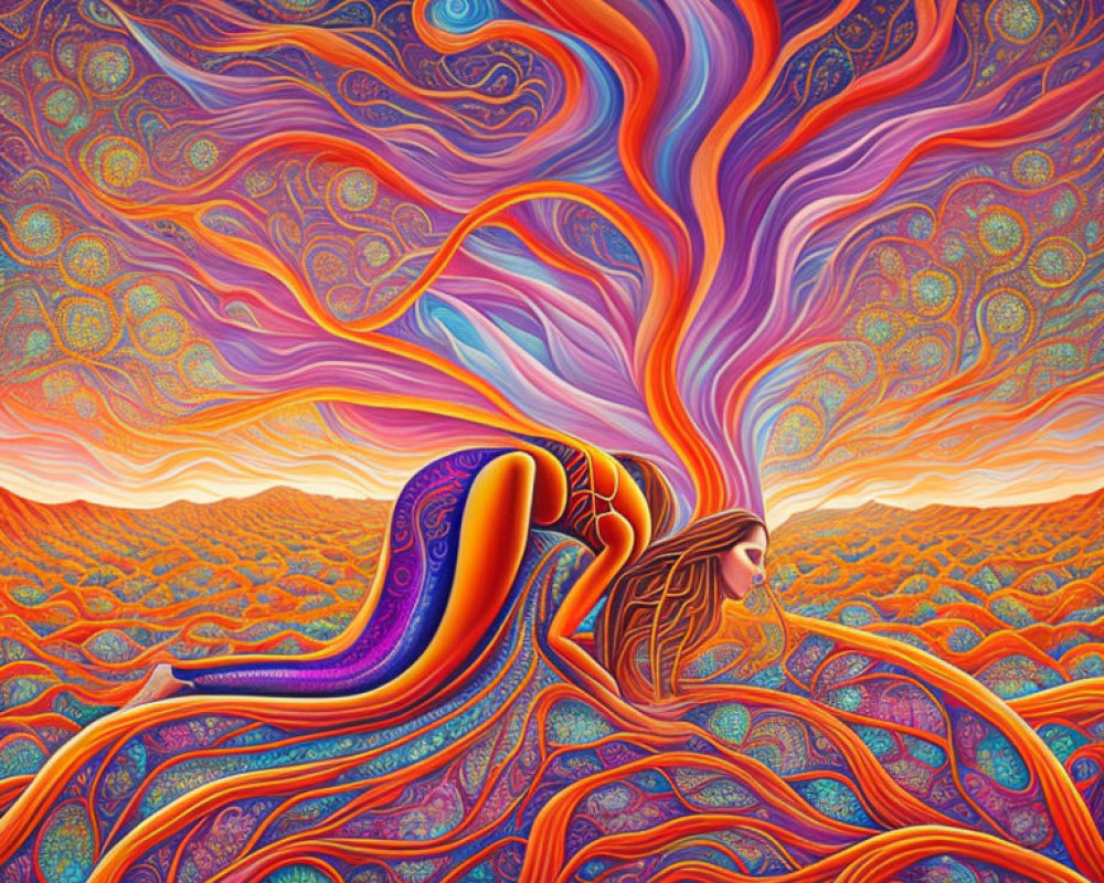 Colorful Psychedelic Figure Merging with Swirling Patterns