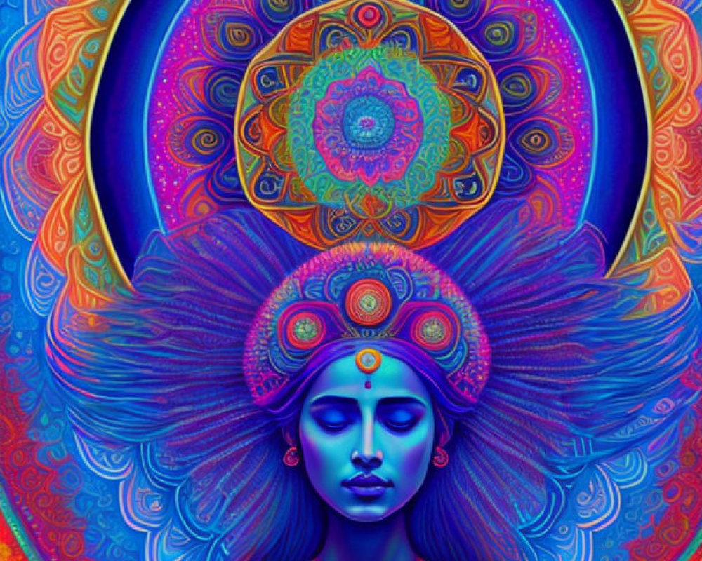 Vibrant psychedelic artwork of woman with intricate patterns and mandalas in blue and purple colors
