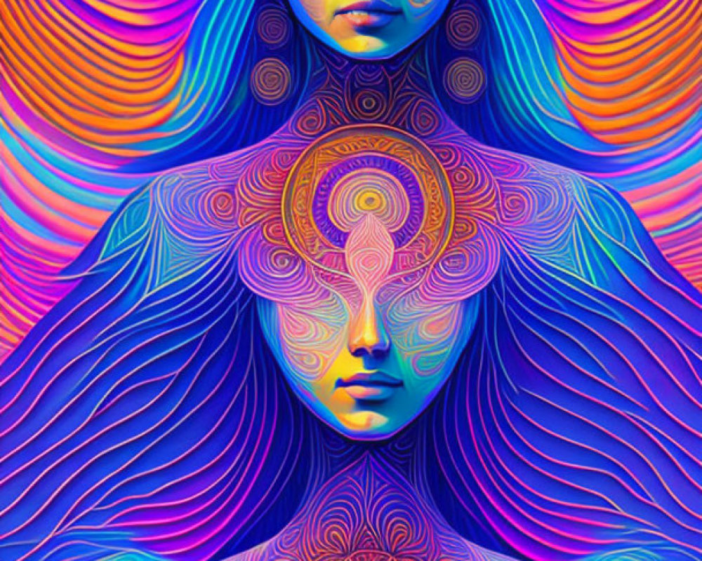 Colorful psychedelic portrait of two female figures with intricate patterns