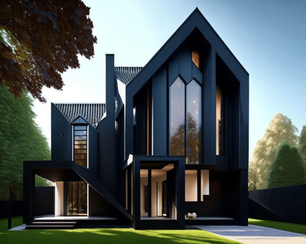 Modern Black House with Geometric Architecture and Large Windows surrounded by Green Trees
