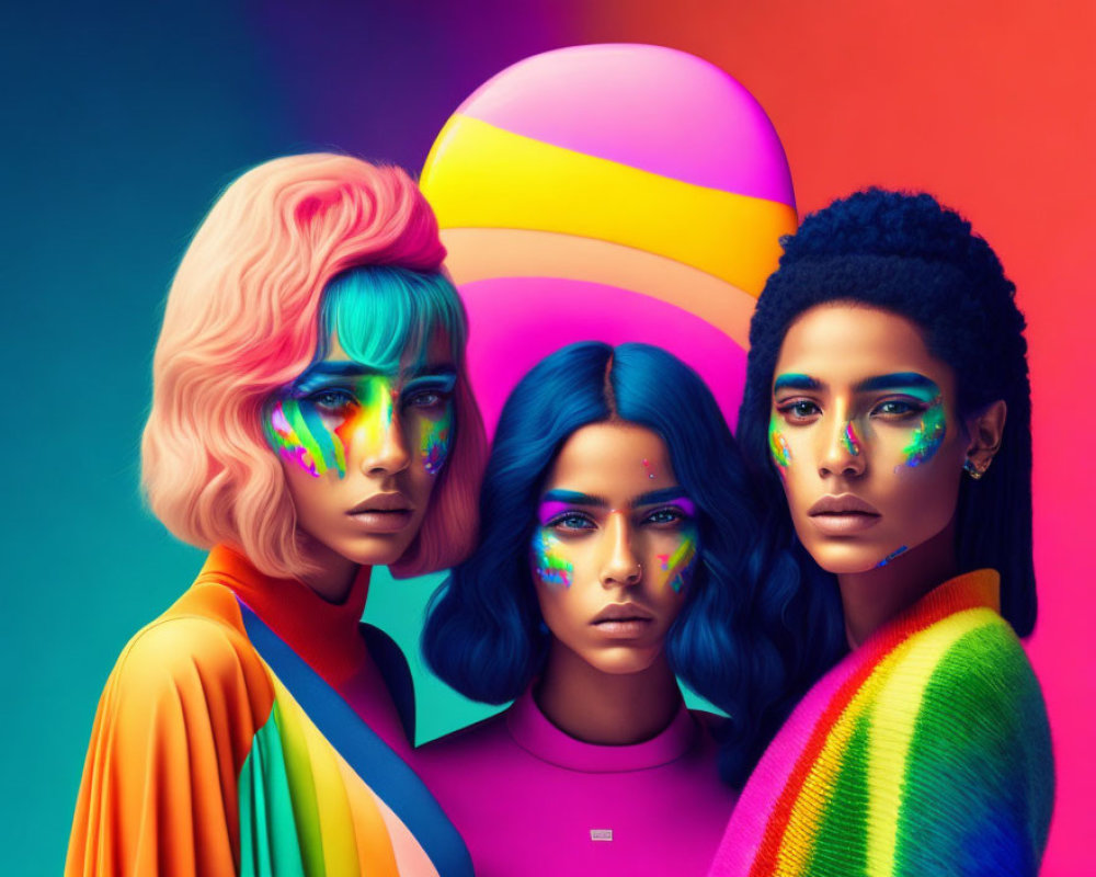 Vibrant makeup and colorful hairstyles on three models in front of multicolored gradient backdrop