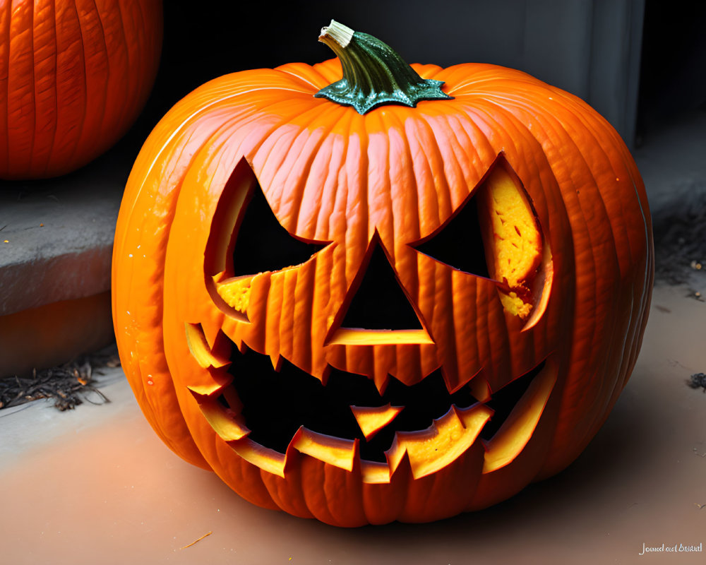Menacing face carved pumpkin glowing on dark surface