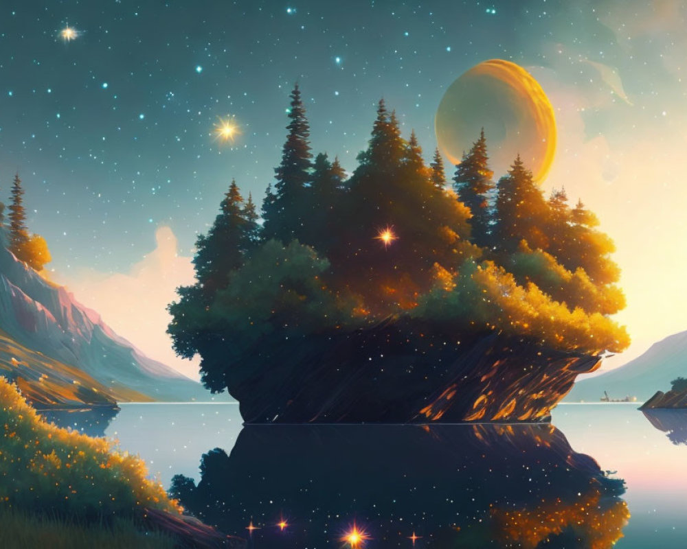 Floating island with green trees over calm lake, starry sky, moon, mountains