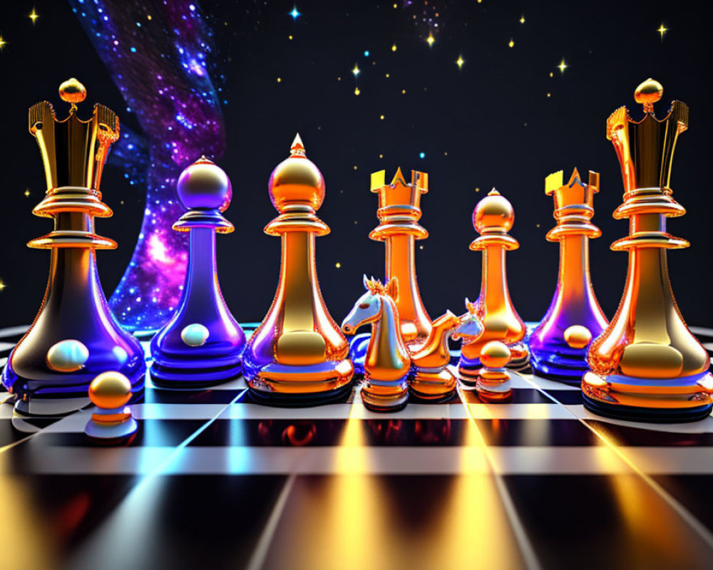Glossy Gold and Purple Chess Pieces on Reflective Board