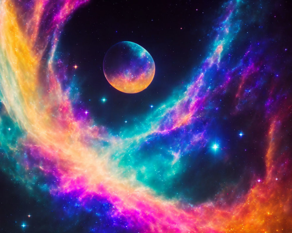 Colorful cosmic image: swirling nebula, stars, and planet