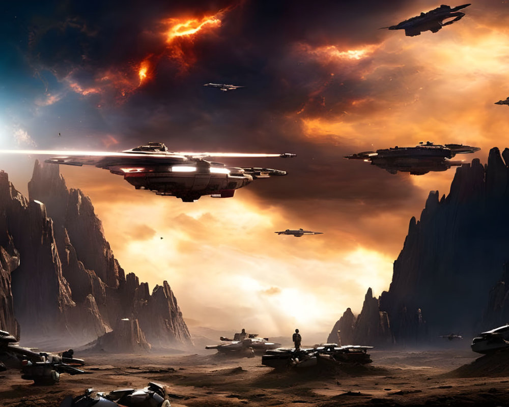 Spaceships soaring over alien landscape under cosmic sky