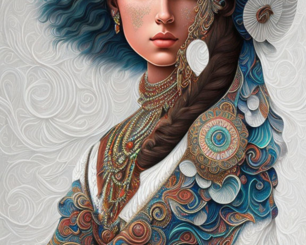Detailed illustration of woman in ornate attire with peacock feather design.