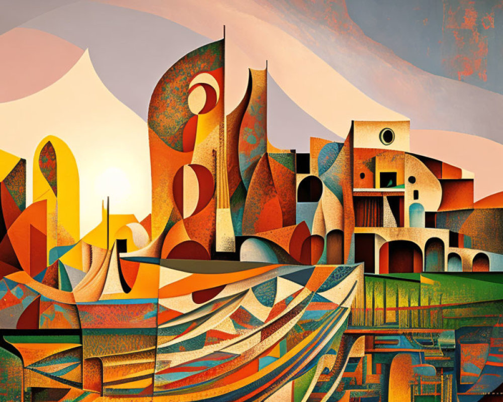 Vibrant Abstract Painting of Geometric Landscape Reflections