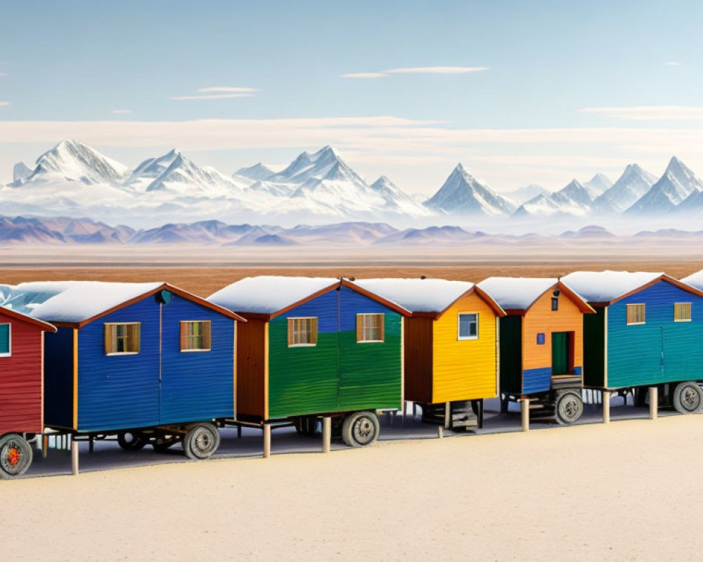 Vibrant beach huts on wheels by snowy mountains in blue sky