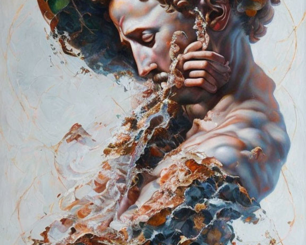 Classical figure with wreath disintegrating into flower petals and leaves