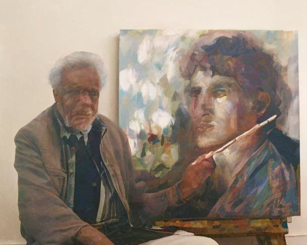 Elderly artist with white hair and glasses painting self-portrait