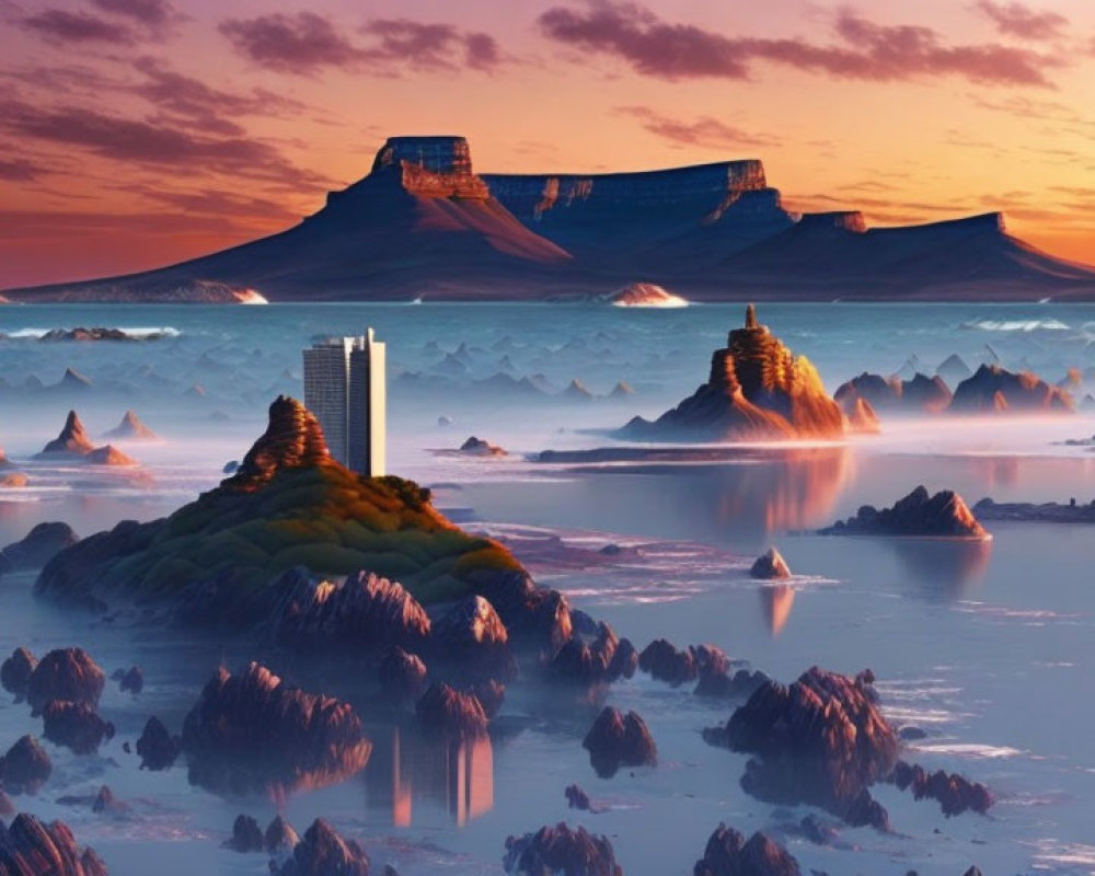 Fantastical sunrise landscape with glassy water, rocky islets, and futuristic tower.