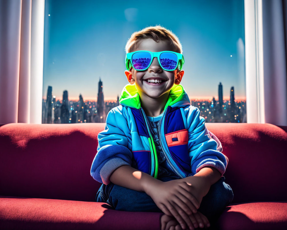 Young boy in sunglasses and colorful jacket on red couch with city skyline view