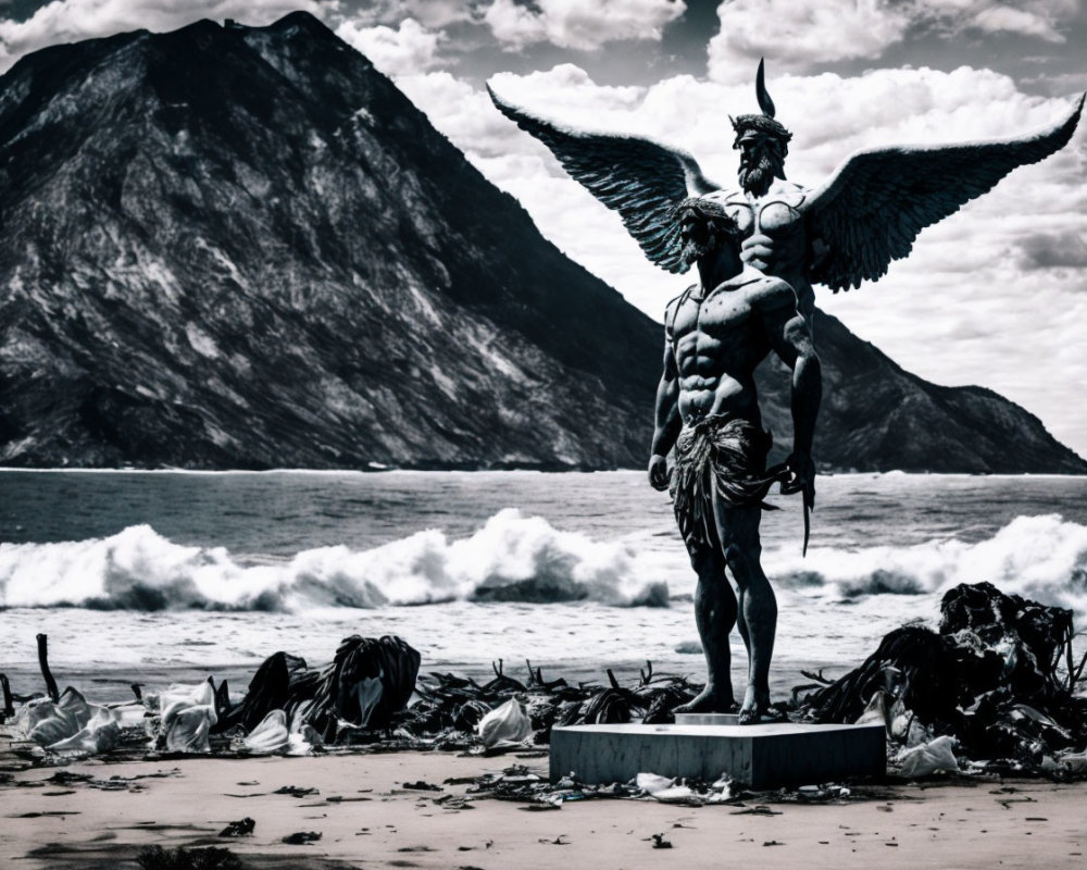 Monochrome image of winged male statue by the sea