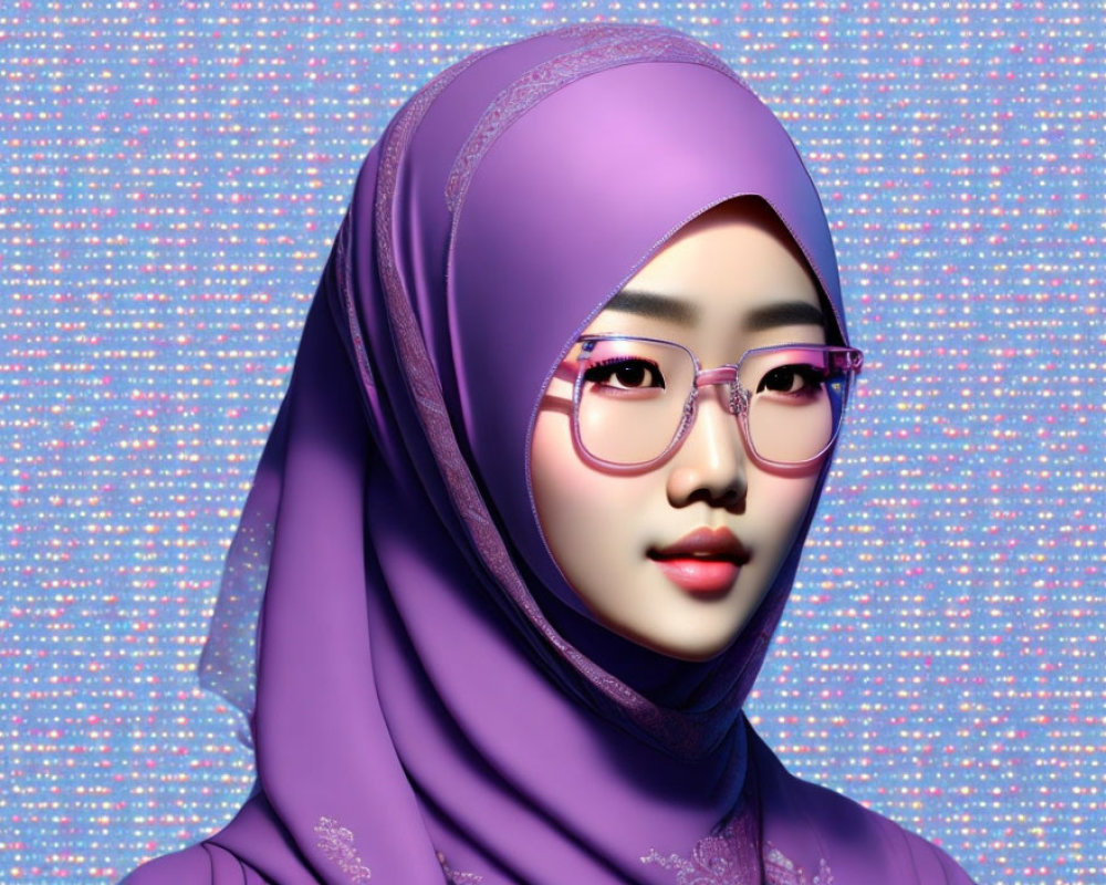 3D-generated image of woman in purple hijab and glasses on blue dotted background