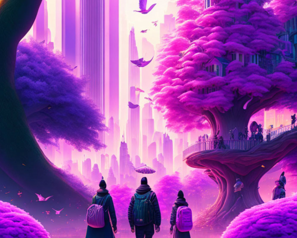 Three people walking towards a futuristic city with purple hues, large trees, flying birds, and whimsical