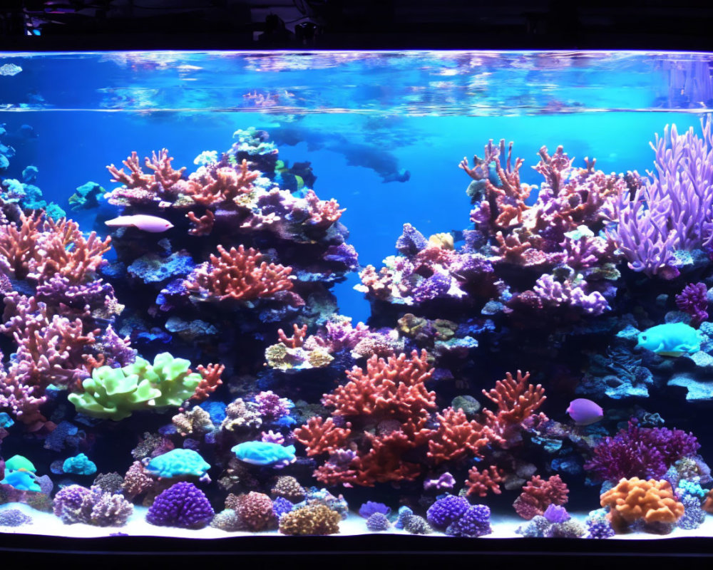 Colorful Coral Reef Aquarium Under Blue Lighting