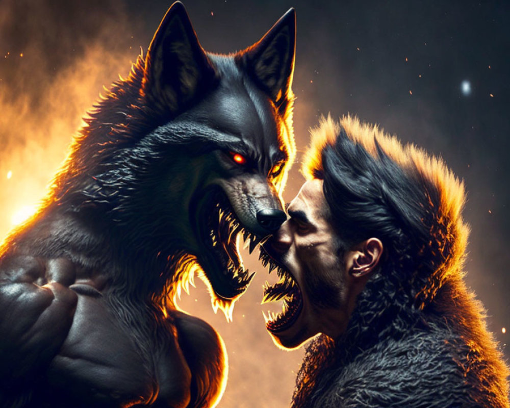 Intense confrontation: snarling wolf and determined man in fiery setting