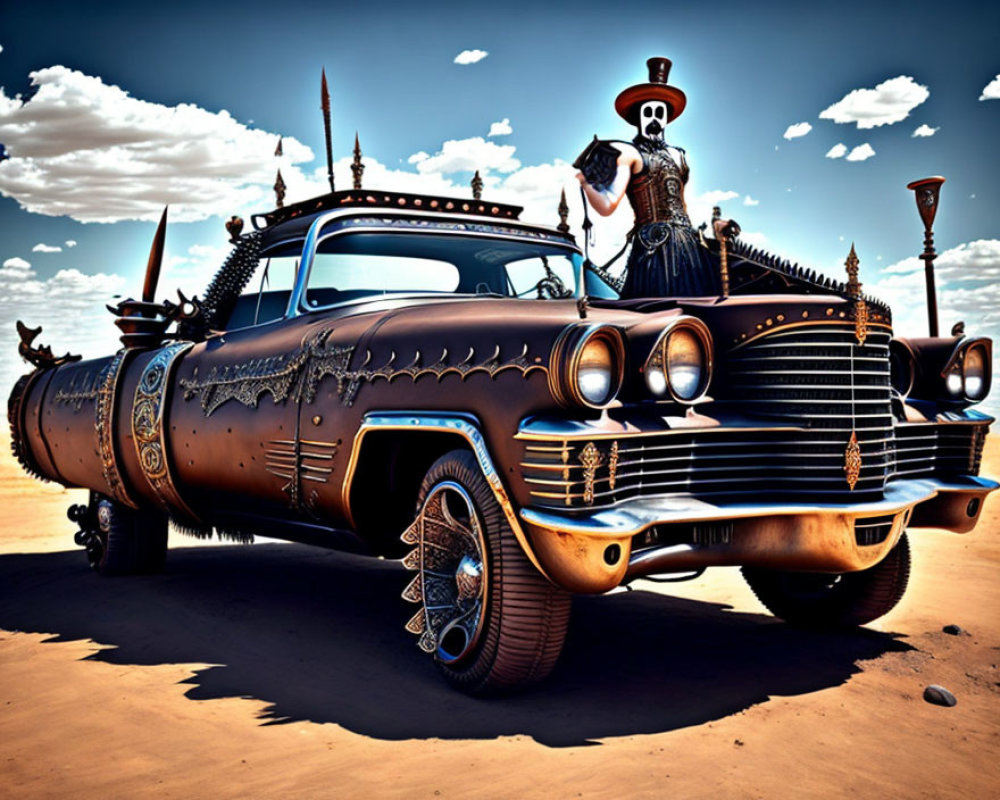 Stylized image of person in top hat on retro-futuristic car