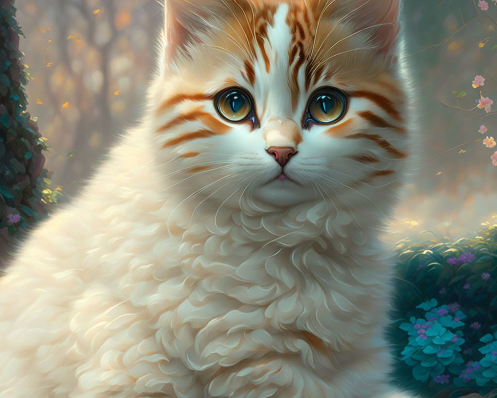Fluffy orange and white cat with stripes in floral setting