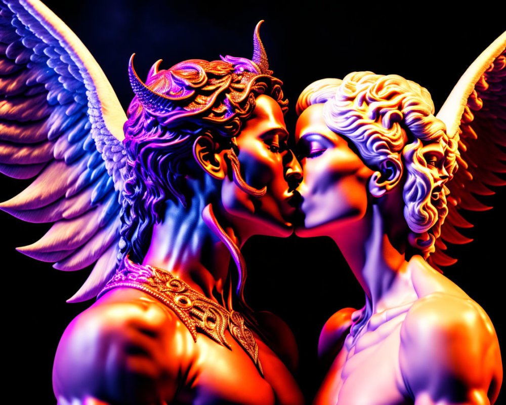 Colorful winged figures in romantic embrace.