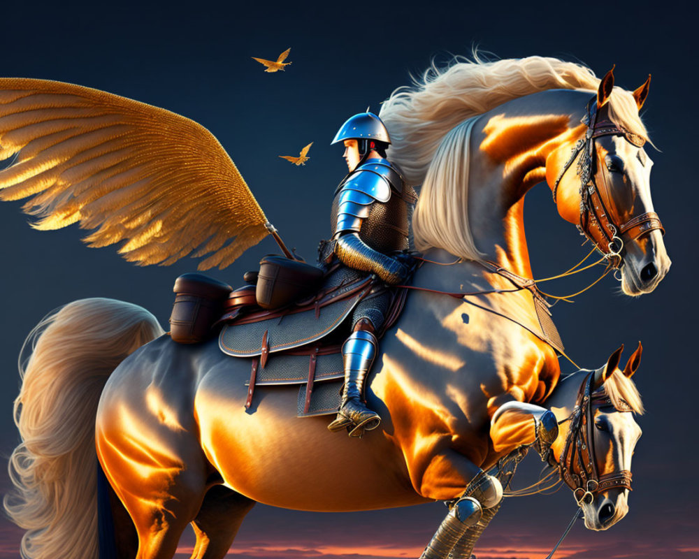 Knight on golden winged horse under twilight sky with birds
